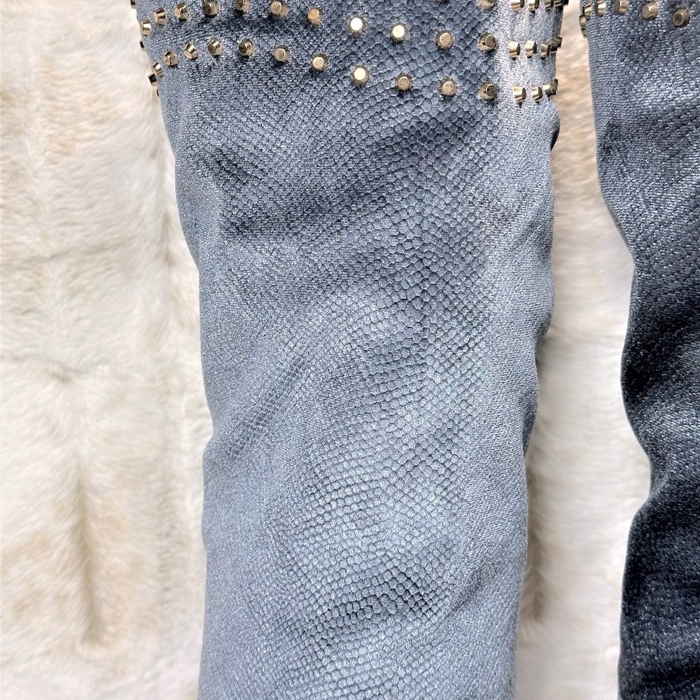 * So Me Blue Studded Thigh High Pointy Toe High Heel Boots - Picture 10 of 11